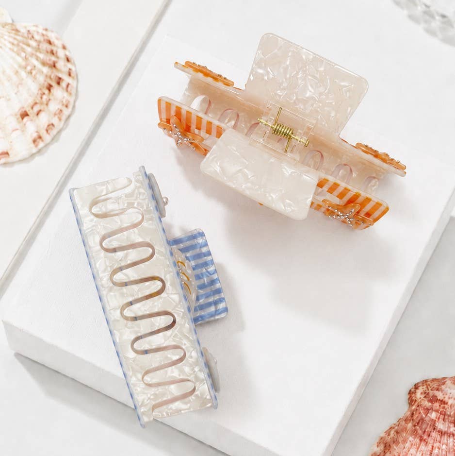 Coastal Striped Seashell Hair Claw Clips - BLUE