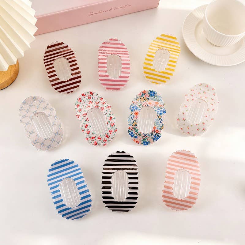 Scalloped Edge Floral and Stripe Flat Hair Claw Clip|40H1201: FLORAL A