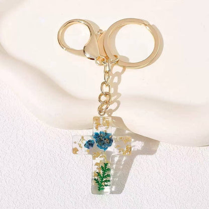 Pressed Flower & Gold Foil Resin Cross Keychains | 40KC201: BLUE