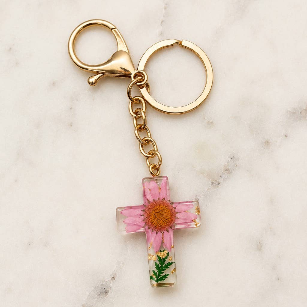 Pressed Flower & Gold Foil Resin Cross Keychains | 40KC201: HOT PINK