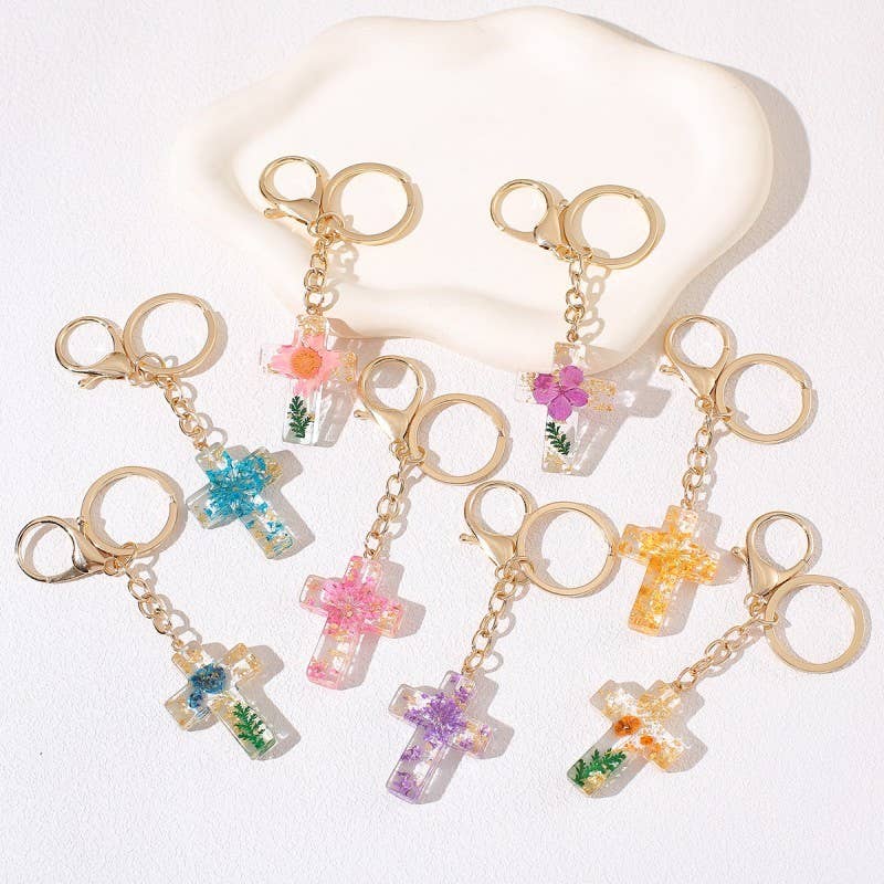 Pressed Flower & Gold Foil Resin Cross Keychains | 40KC201: YELLOW