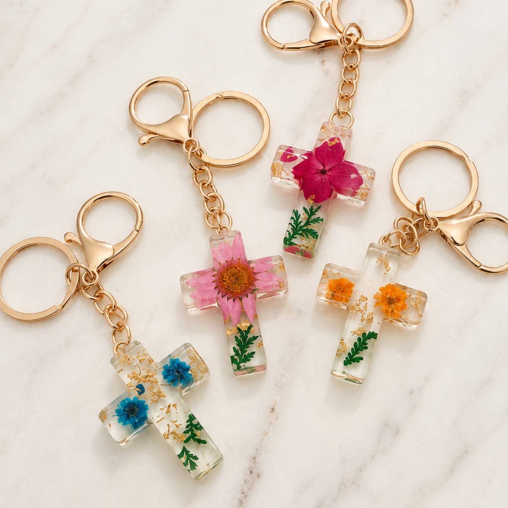Pressed Flower & Gold Foil Resin Cross Keychains | 40KC201: HOT PINK