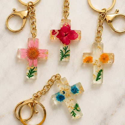 Pressed Flower & Gold Foil Resin Cross Keychains | 40KC201: YELLOW