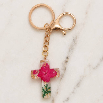 Pressed Flower & Gold Foil Resin Cross Keychains | 40KC201: BLUE