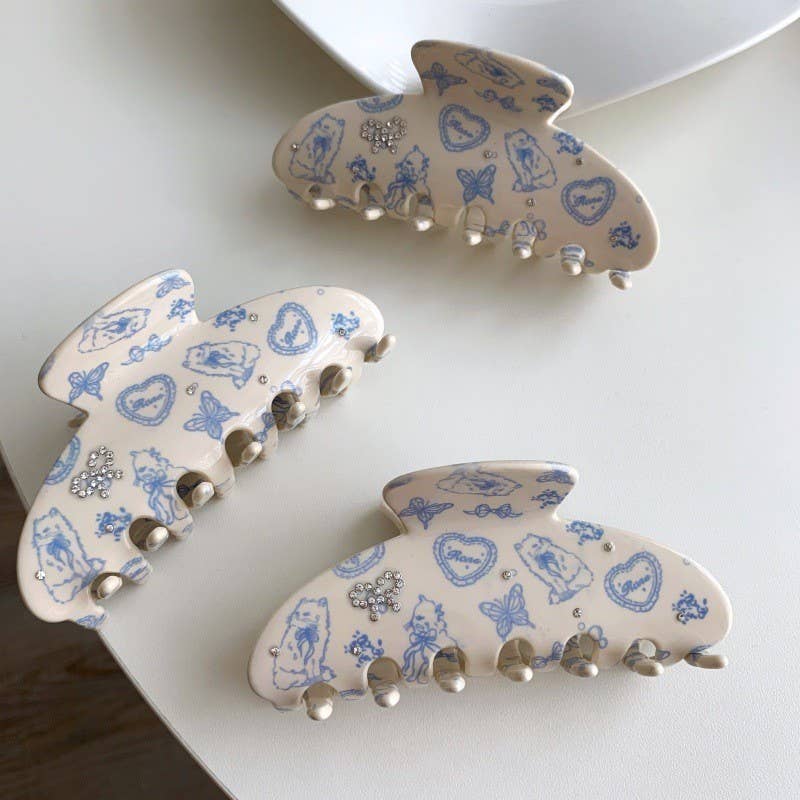 BLUE TOILE PRINT HAIR CLAW CLIPS | 40H1159: OFF WHITE