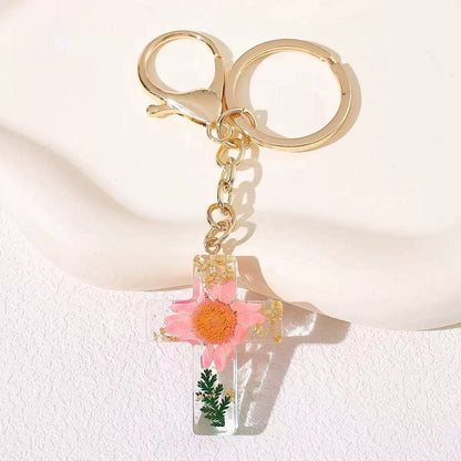 Pressed Flower & Gold Foil Resin Cross Keychains | 40KC201: PINK