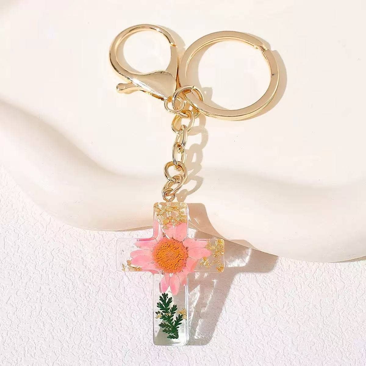 Pressed Flower & Gold Foil Resin Cross Keychains | 40KC201: HOT PINK