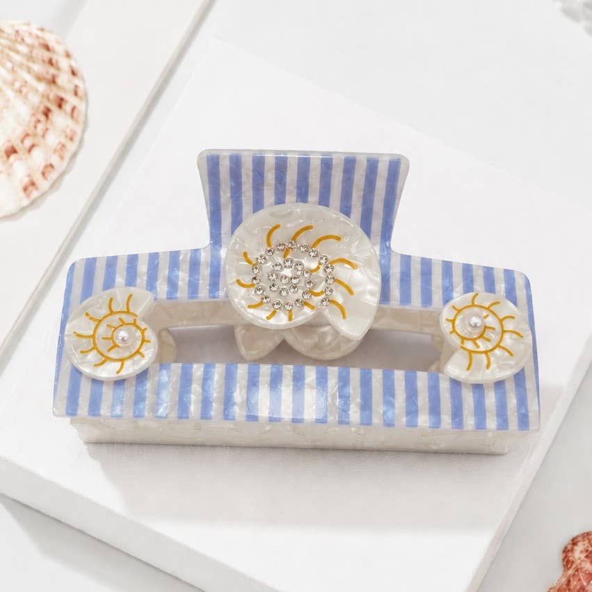 Coastal Striped Seashell Hair Claw Clips - BLUE