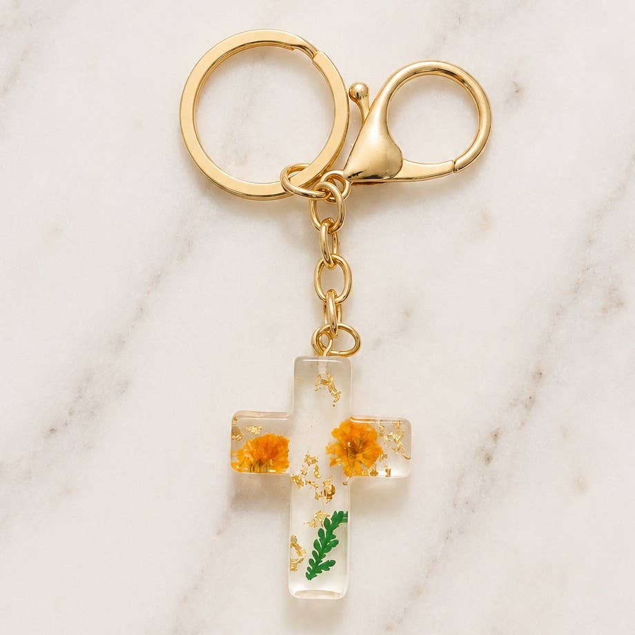 Pressed Flower & Gold Foil Resin Cross Keychains | 40KC201: YELLOW