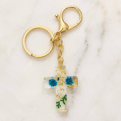 Pressed Flower & Gold Foil Resin Cross Keychains | 40KC201: PINK